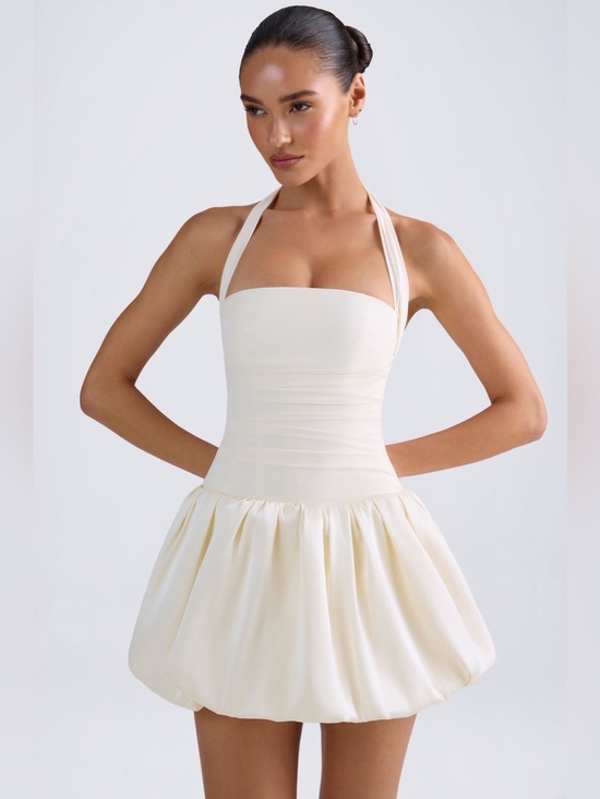 Oh Polly Dresses & Skirts - Ludmila Halterneck Lace-Up Bubble Hem Corset Micro Mini Dress in Ivory - Size 10